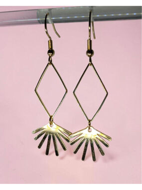 Gold Brass Sunburst Earrings, Geometric Diamond Shaped Dangle Earrings